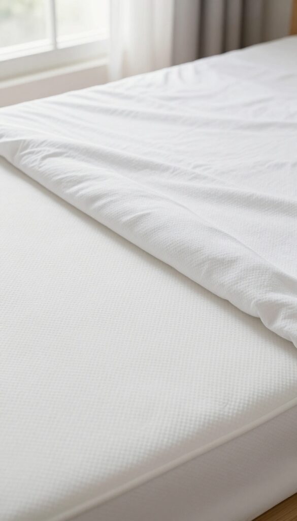 A bed with a white mattress topper lifted at the corner, showing a clean mattress underneath in bright natural light.