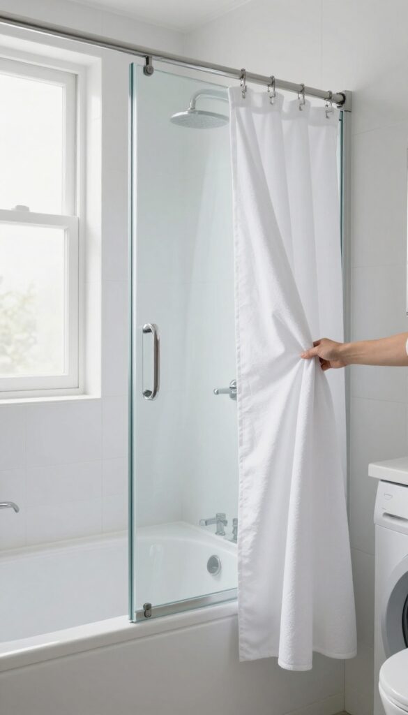 Person removing white shower curtain from open washing machine in bright, clean bathroom