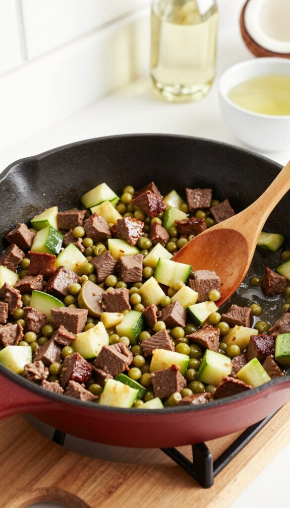 One-pan beef heart and veggie scramble in a cast-iron skillet, with zucchini and green beans, for homemade dog meals.