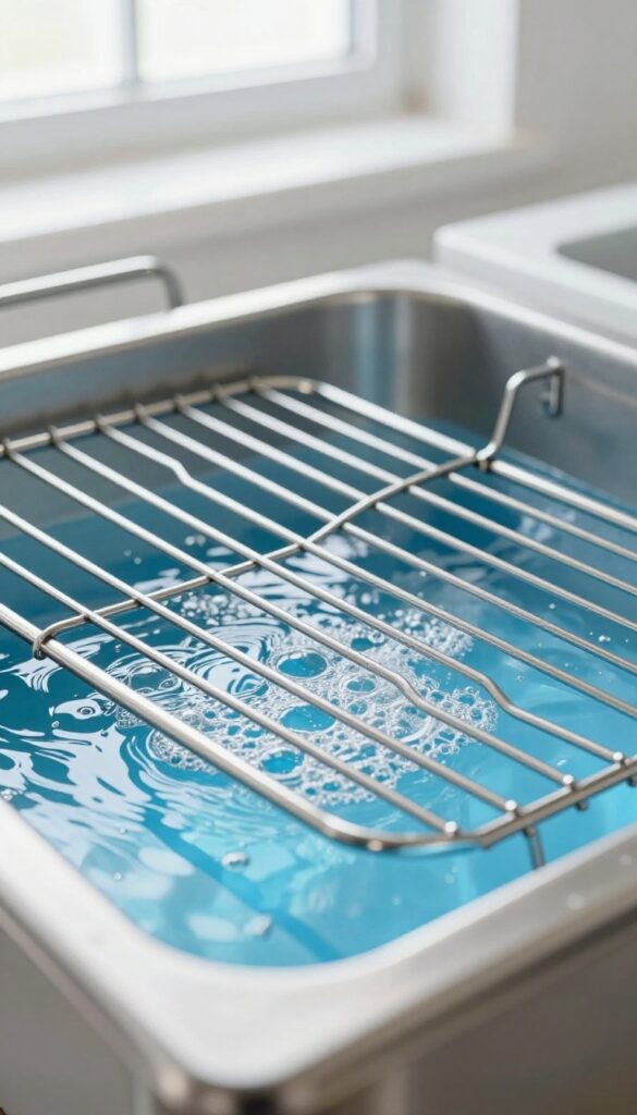 Oven rack being submerged in an ultrasonic cleaning tank with bubbles and blue liquid