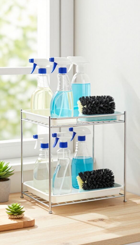 Organized cleaning closet countertop with tiered shelf organizer holding bottles and cleaning tools.