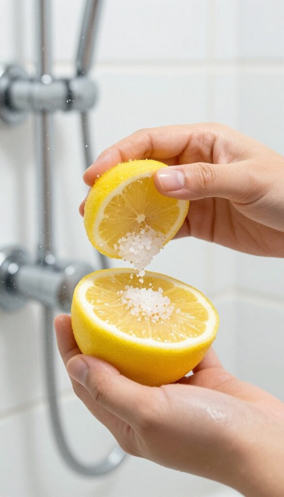 A hand scrubbing a glass shower door with a lemon half and salt to remove hard water stains and soap scum.