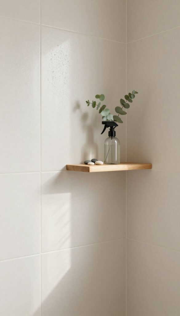 A serene shower scene with a glass spray bottle and eucalyptus on a wooden shelf, evoking a spa-like aroma.