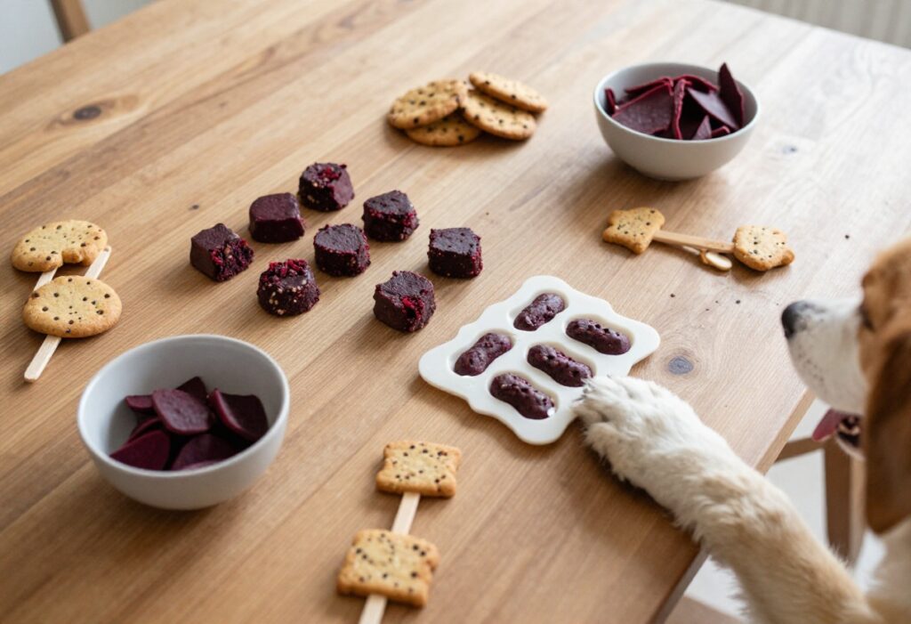 Homemade beet dog treats arranged on a wooden table, including chewy bites, frozen pops, baked biscuits, and dehydrated chips, with a dog's paw reaching for them.