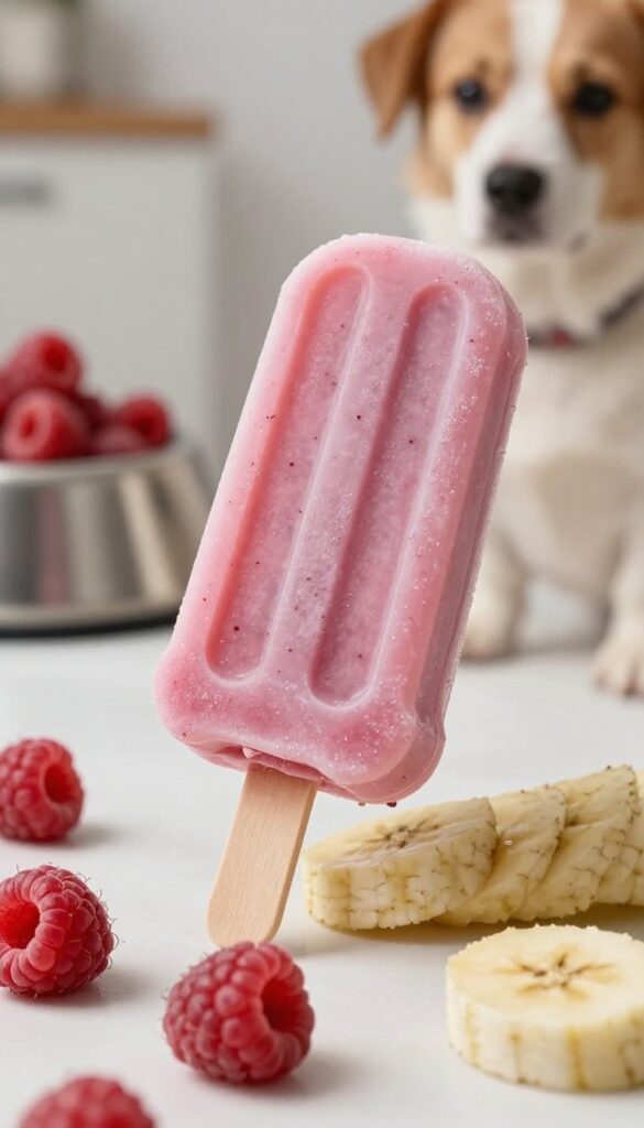 A dog's paw holding a frozen raspberry-banana pupsicle in a bone-shaped silicone mold on a wooden table, with fresh raspberries and banana slice nearby.