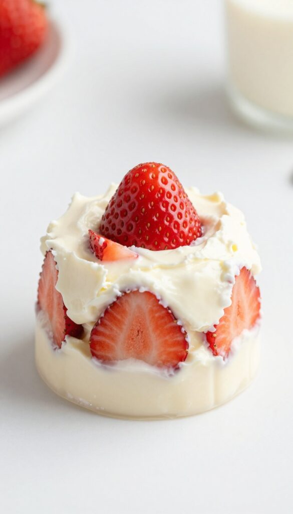 Frozen layered dog treat with cottage cheese and strawberries in a silicone mold, partially licked, natural light, pet-blog photography.