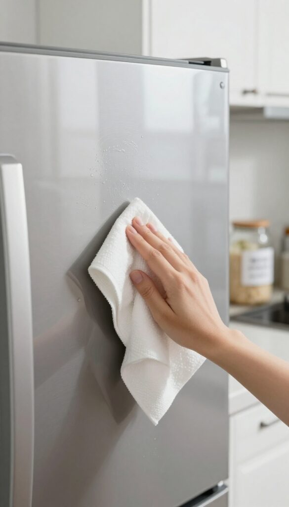 Hand wiping stainless steel refrigerator with a homemade cleaning wipe, leaving a shiny, streak-free surface.