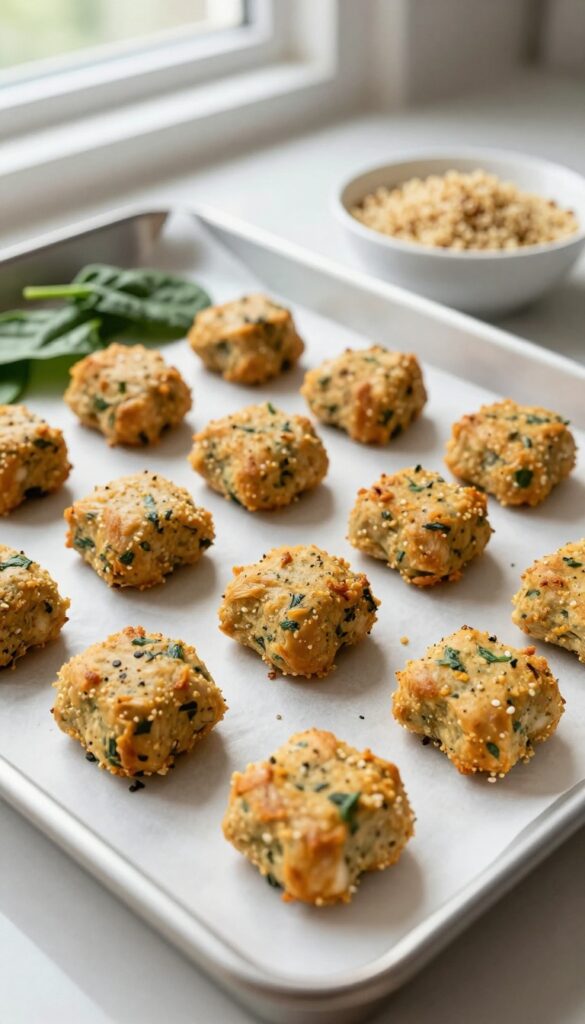 Homemade turkey and spinach dog food nuggets baked golden brown on a parchment-lined baking sheet with fresh spinach and quinoa nearby.