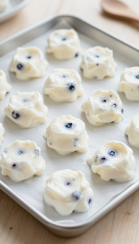 Homemade frozen yogurt and blueberry dog treats arranged on a baking tray