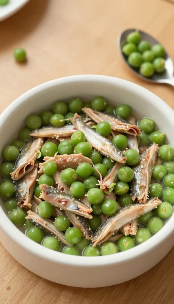 Homemade trout and green bean stir-fry for dogs in a bowl, with flaked fish and green bean pieces, on a wooden table.