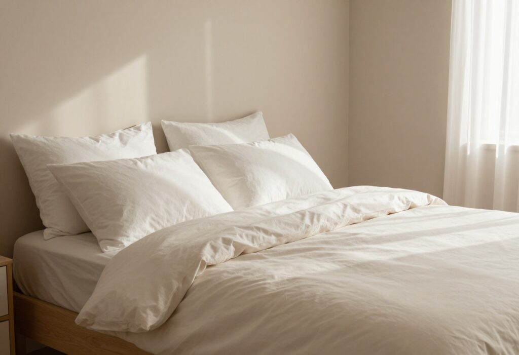 Cozy bedroom with fluffy white pillows on a bed bathed in sunlight