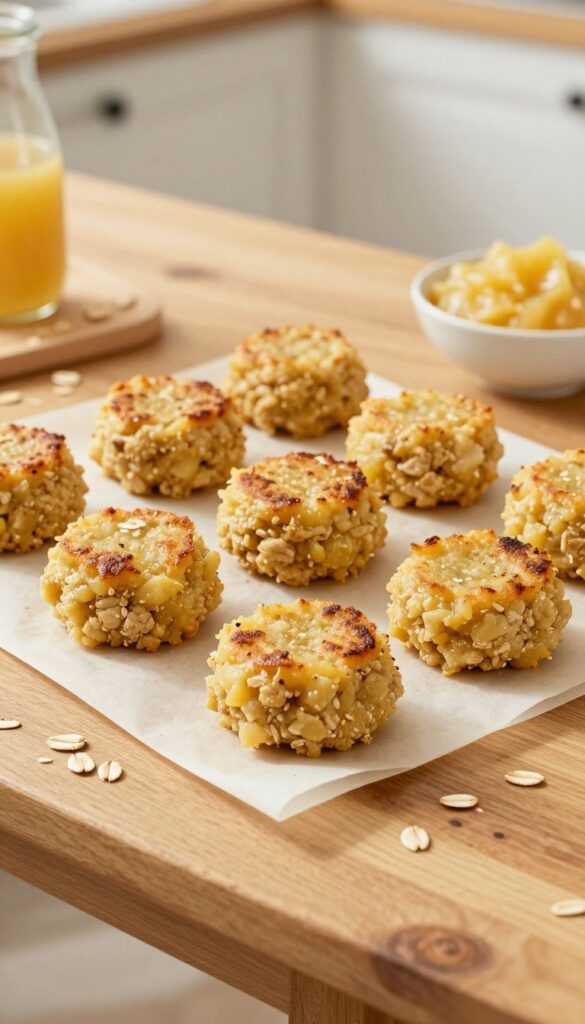 Homemade turkey and apple dog patties arranged on a baking sheet with oats and applesauce nearby.