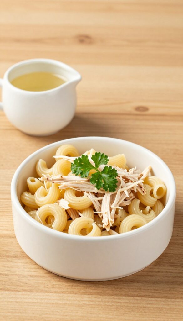 Dog bowl with cooked pasta and shredded chicken, garnished with parsley, on a wooden table.