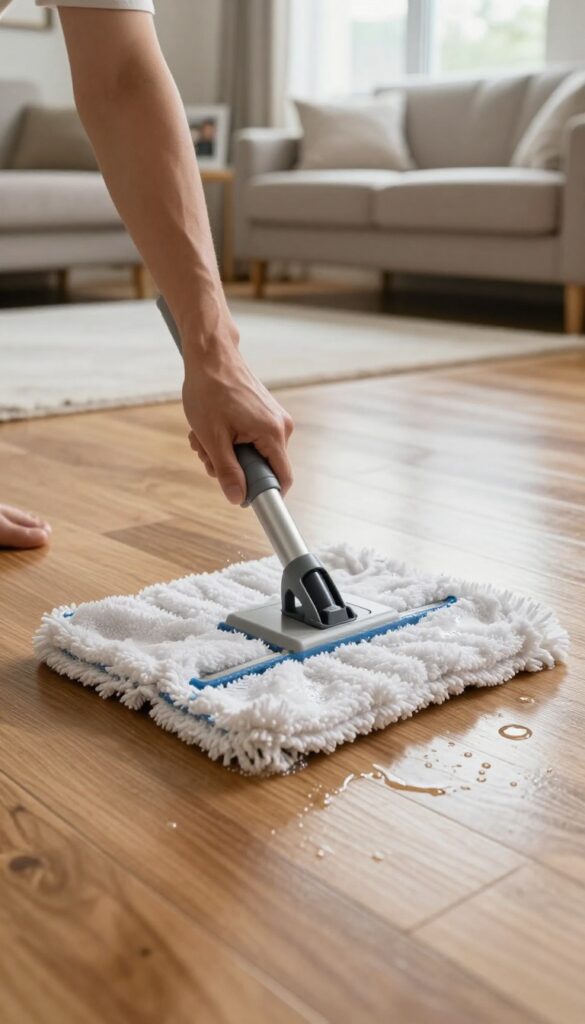 A person mopping a hardwood floor in a figure-eight pattern with a microfiber mop, bright natural light, clean and streak-free floor.