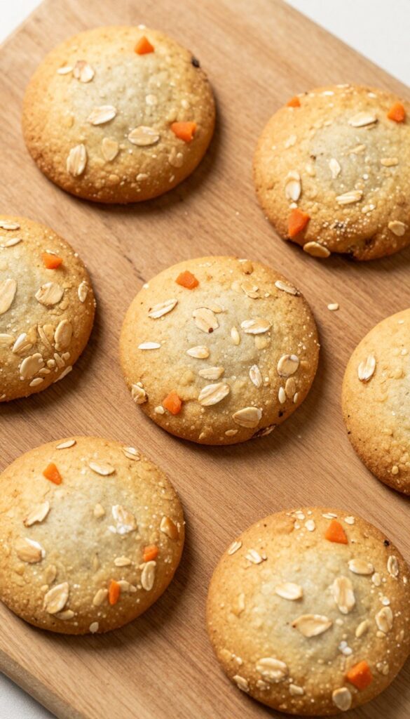 Homemade dog treat cookies made with rolled oats, grated carrot, and coconut oil, arranged on a wooden board.
