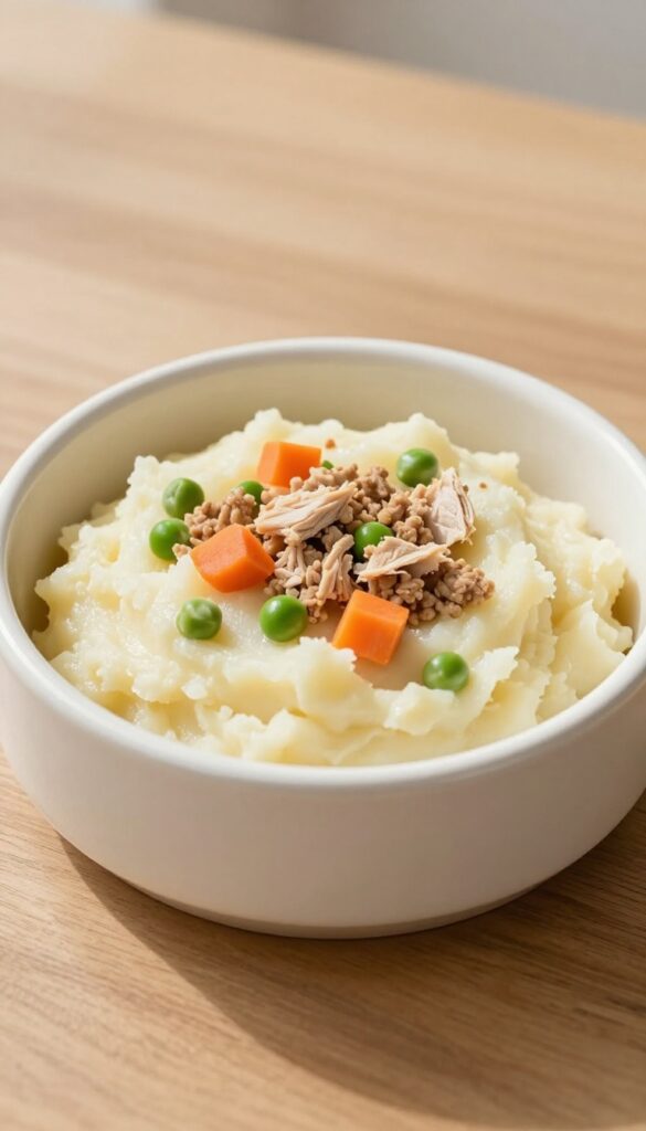 Homemade dog meal bowl with mashed potato and ground turkey, peas, and carrots on a wooden surface.