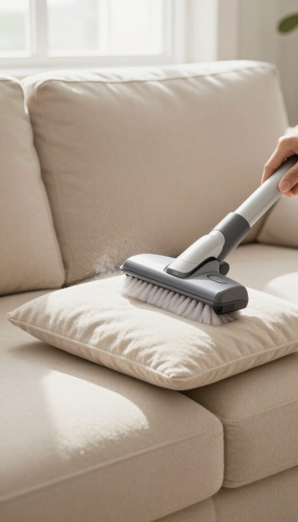 Vacuuming couch cushion with soft brush attachment in bright living room