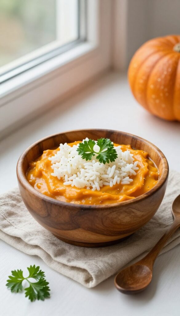 Canned pumpkin and rice mix in a bowl, a budget-friendly homemade dog food topper or meal.