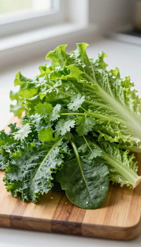 Assorted fresh leafy greens on a cutting board for guinea pig food variety