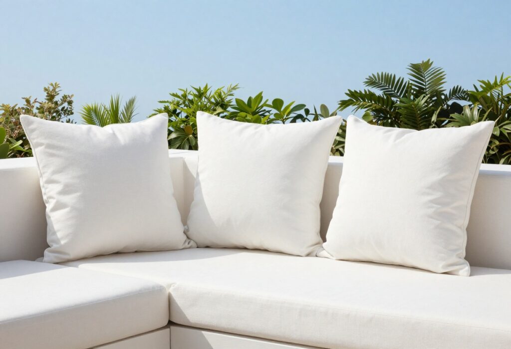 Clean outdoor cushions on patio furniture with plants and blue sky