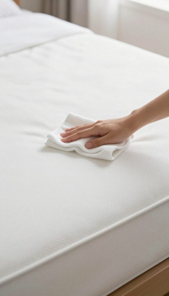 Hand dusting a mattress with a damp microfiber cloth in bright natural light