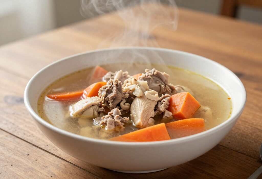 Homemade dog soup in a bowl with chicken and vegetables, steam rising, on a wooden table.