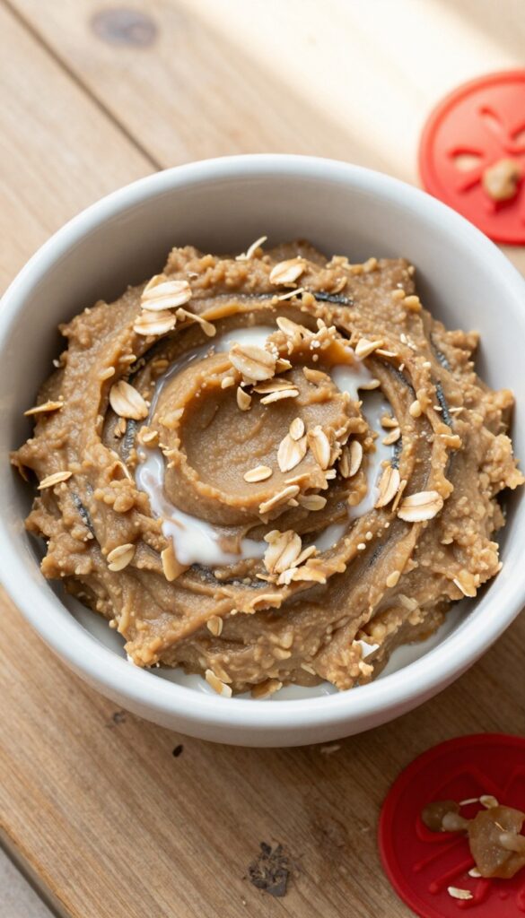 Homemade dog treat paste made from sardines and oatmeal in a bowl, with a lick mat nearby, on a wooden table in natural light.