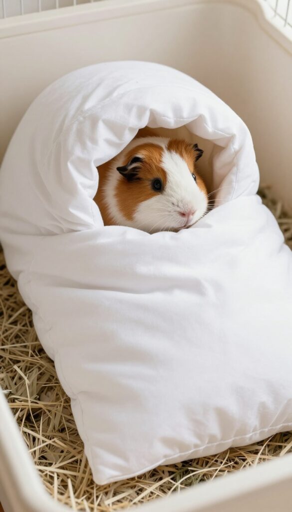 A guinea pig peeking out of a DIY cozy sack made from an old pillowcase, placed in a cage corner.