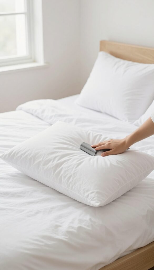 Person vacuuming a white pillow with upholstery tool in a bright, cozy bedroom