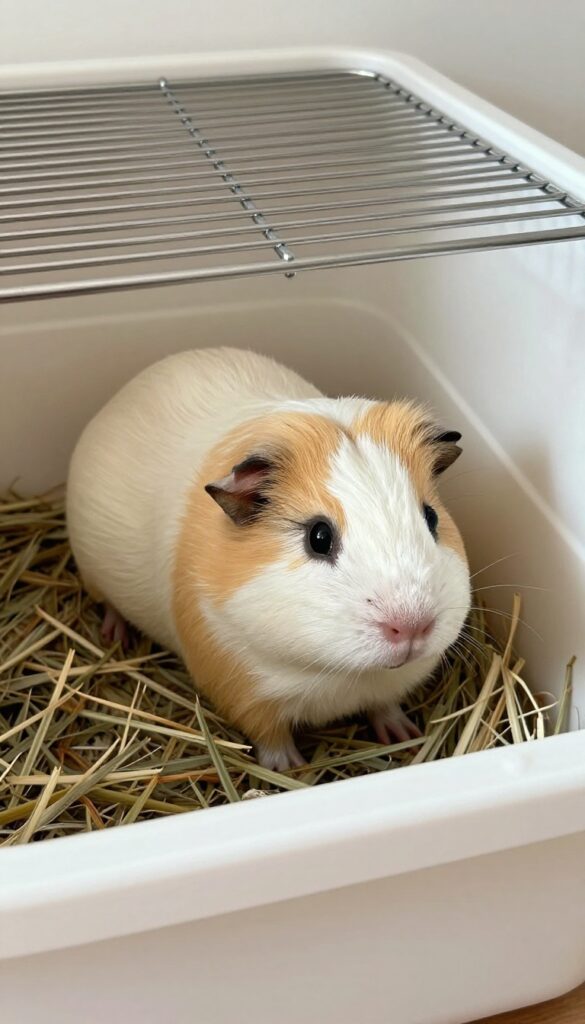 Deep plastic base guinea pig enclosure with high sides containing bedding and hay, clean and tidy.