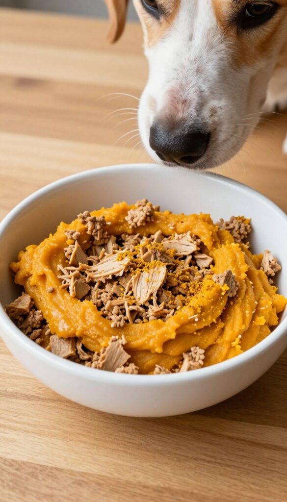 Dog breakfast bowl with ground turkey and pumpkin puree, sprinkled with turmeric, on a wooden surface with a dog sniffing nearby.