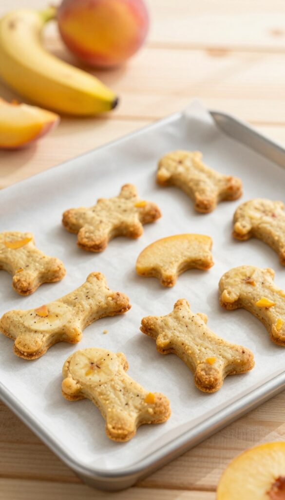 Soft homemade dog treats made with peach and banana, arranged on a baking sheet in natural light.