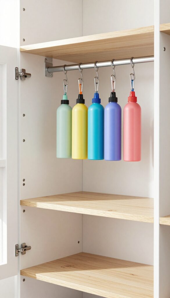 A tension rod with spray bottles hanging upside down in a clean closet.