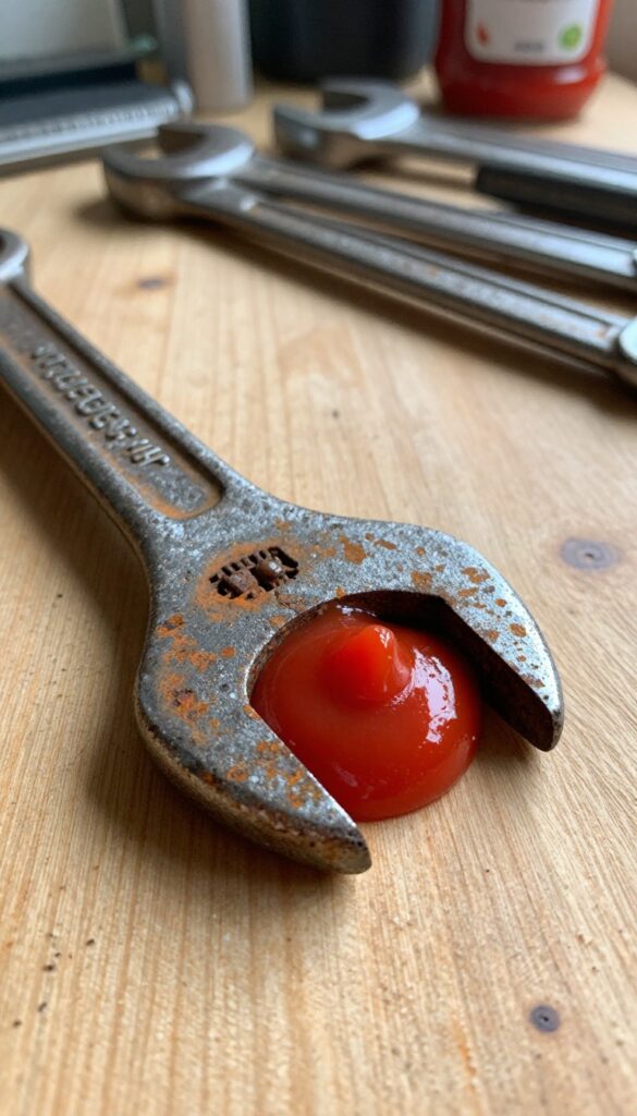 Close-up of a rusty wrench with ketchup applied to a rust spot on a wooden workbench