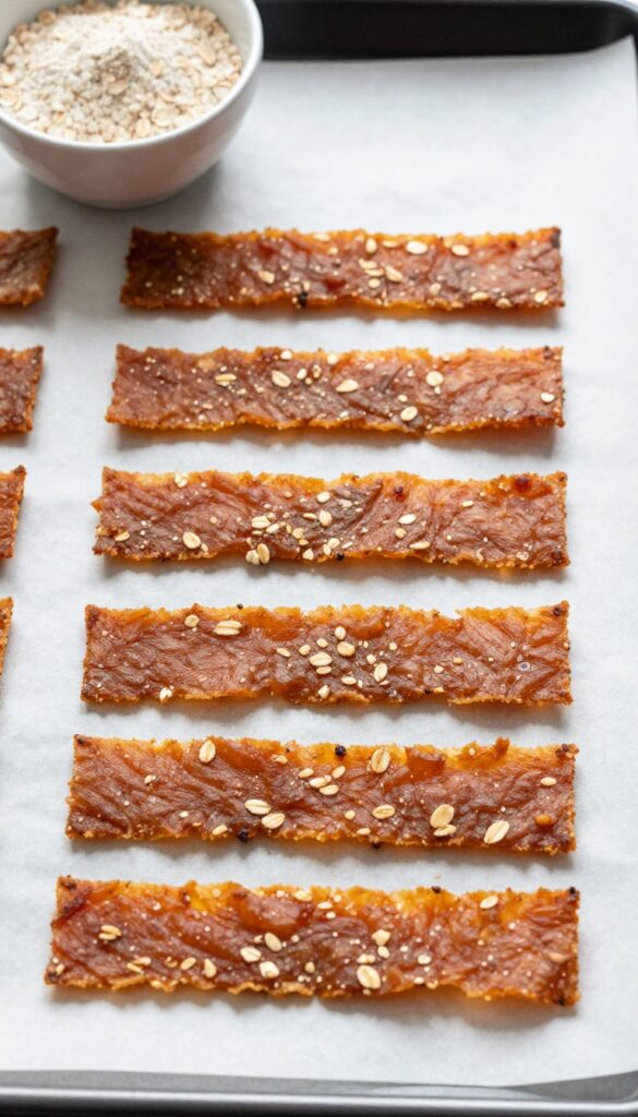 Homemade tuna jerky strips for dogs arranged on a parchment-lined baking sheet, with a bowl of oat flour and a tuna can nearby.