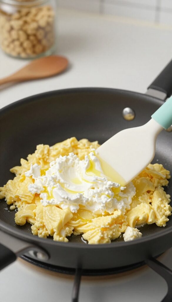 Soft scrambled eggs and cottage cheese being folded together in a skillet, a high-protein dog kibble topper recipe without peanut butter.