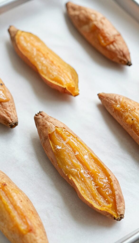 Homemade dog treats: sweet potato sticks wrapped around chicken gizzard strips, baked on parchment paper.