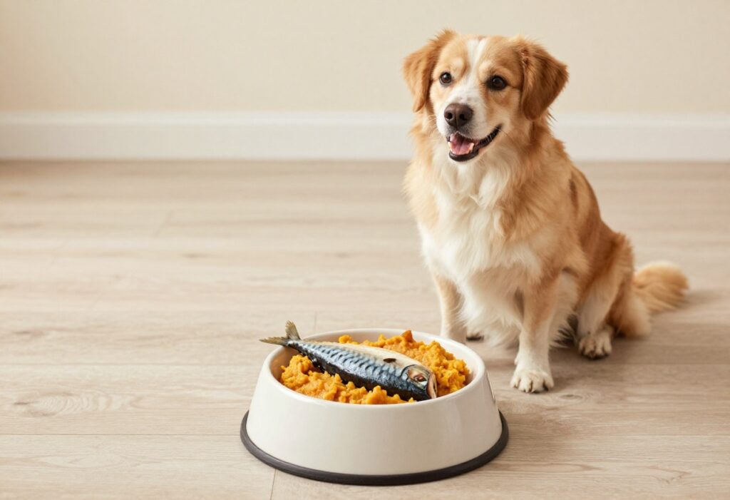 Homemade mackerel and sweet potato dog food in a bowl with a dog nearby