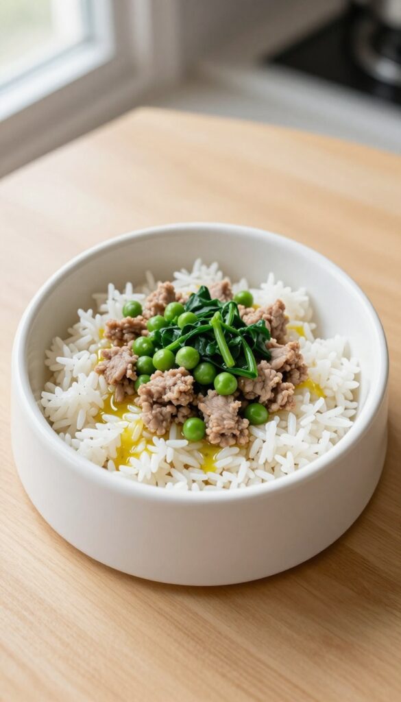 Dog bowl filled with homemade pork and rice with peas and spinach, a mild and budget-friendly meal for dogs.