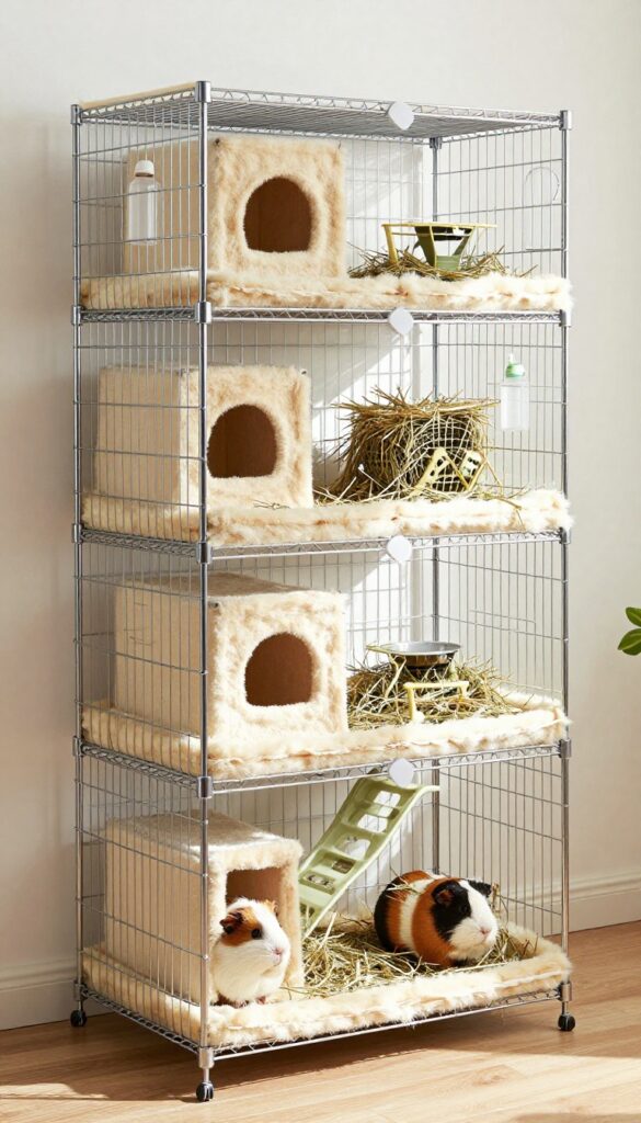 Multi-level guinea pig enclosure made from a wire shelving unit with ramps, hideouts, and hay racks.