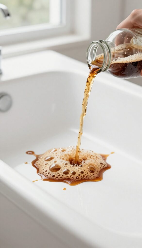 Pouring club soda onto a fresh coffee stain in a white bathtub