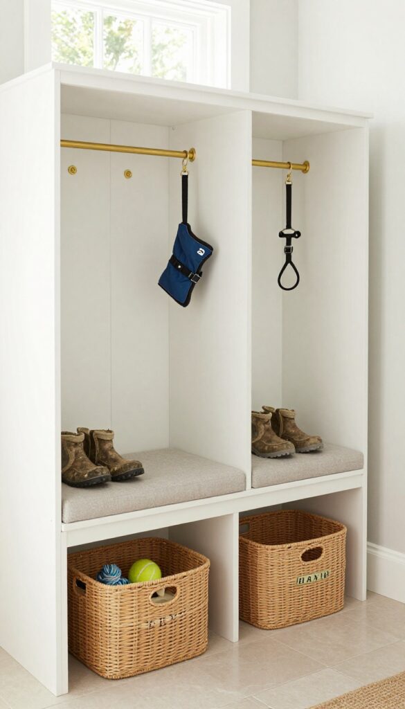 Mudroom-style lockers in a laundry room with leashes, harnesses, and dog gear organized neatly.
