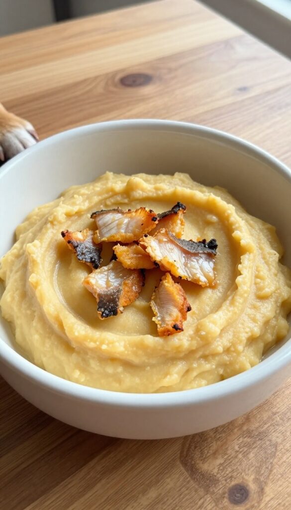 Homemade trout and sweet potato mash dog meal in a bowl with a dog paw resting on the edge