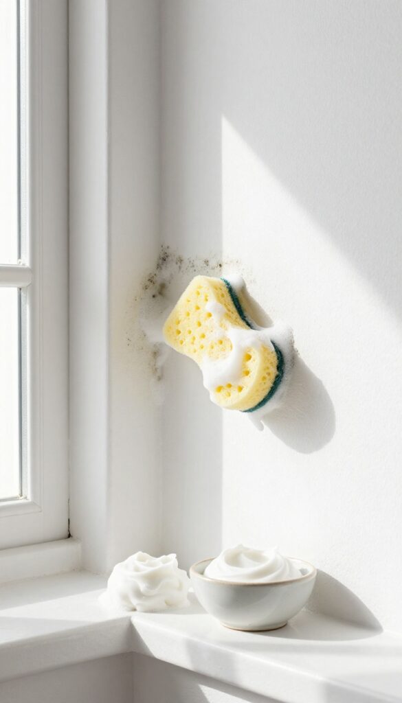 Soft sponge scrubbing mold on a white wall corner with a bowl of baking soda paste nearby in natural light