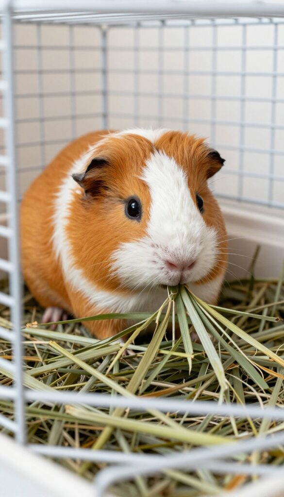 Guinea pig eating hay from a metal hay feeder attached to a wire cage, reducing mess and waste.