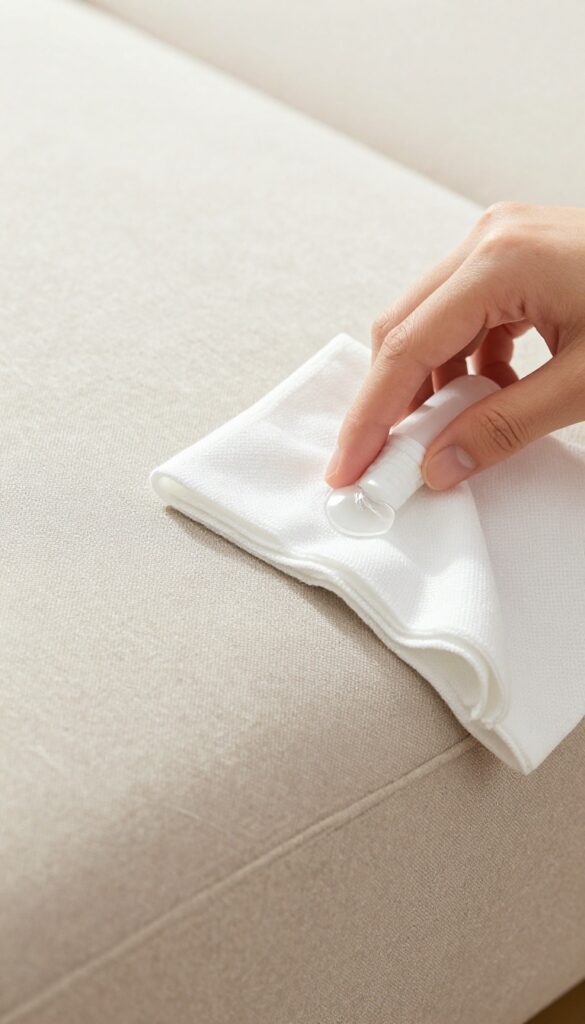 Hand performing a spot test on a hidden area of a beige couch cushion with a white cloth.