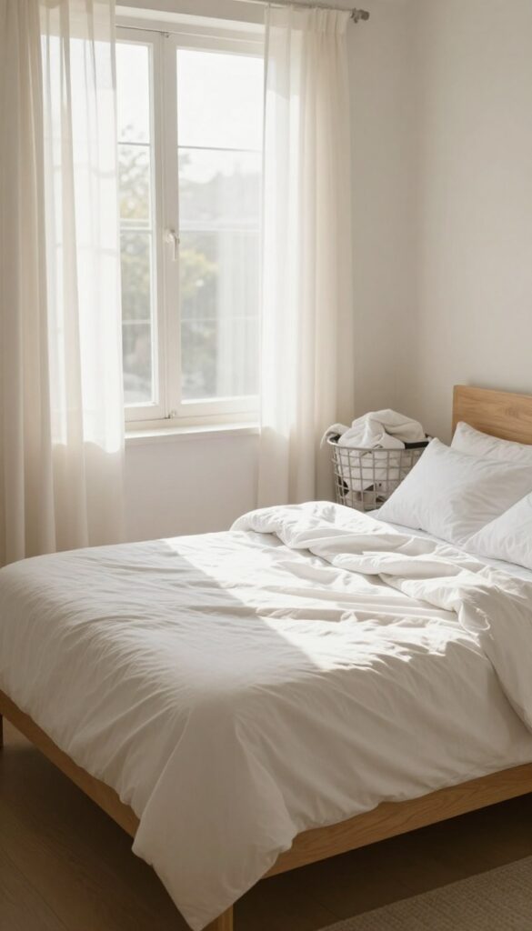 A bedroom with a bare mattress and a laundry basket of white bedding, illuminated by natural light.