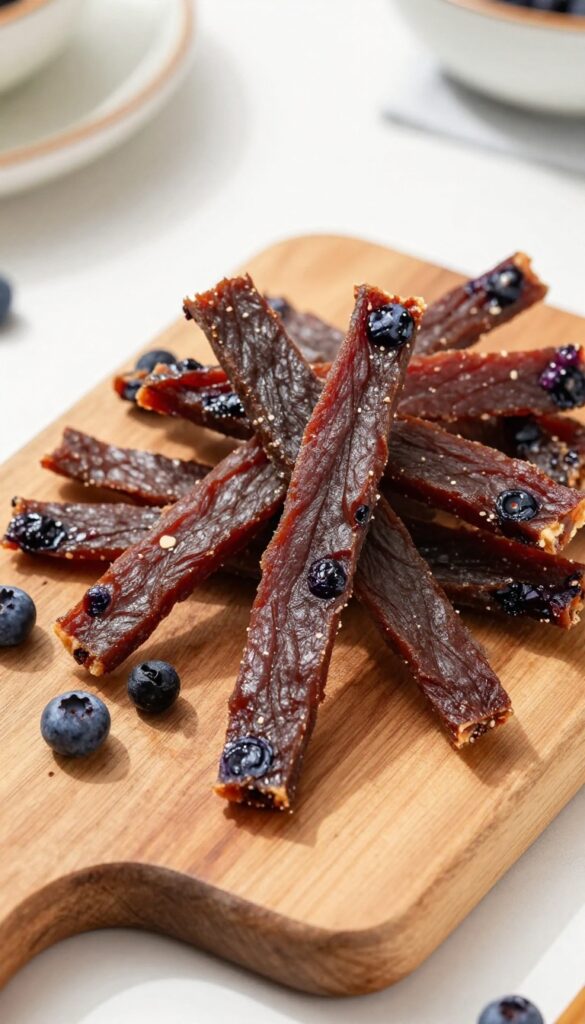 Homemade duck and blueberry dog jerky pieces on a wooden board, showcasing a chewy texture and blueberry flecks, perfect for a dog treat recipe.