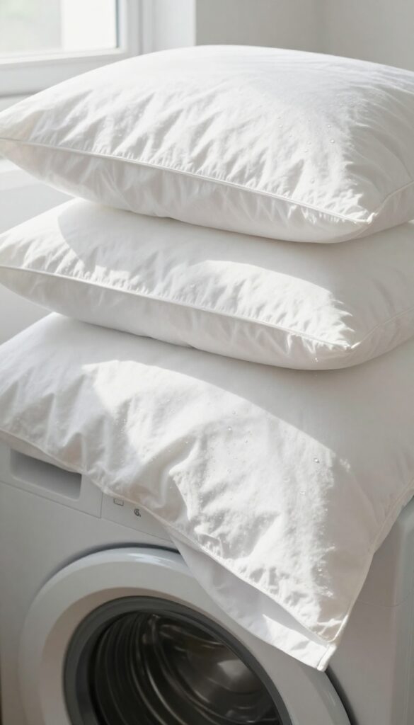 Two white pillows on a washing machine lid after a rinse cycle, with soft natural light and a clean laundry room background.