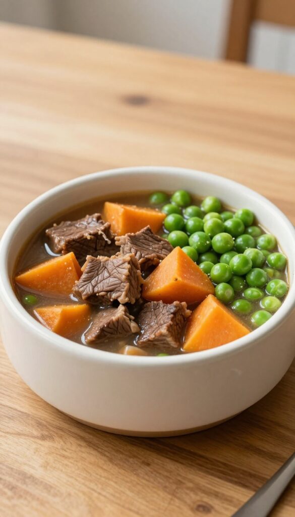 A dog bowl filled with homemade beef and sweet potato stew, a warm and nutritious meal for picky dogs.